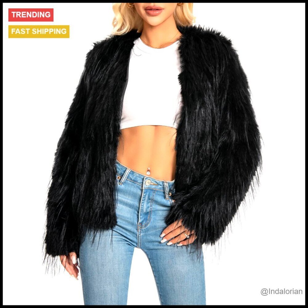 Plus Size Faux Fur Jacket Long Sleeve Winter Coat with Pockets